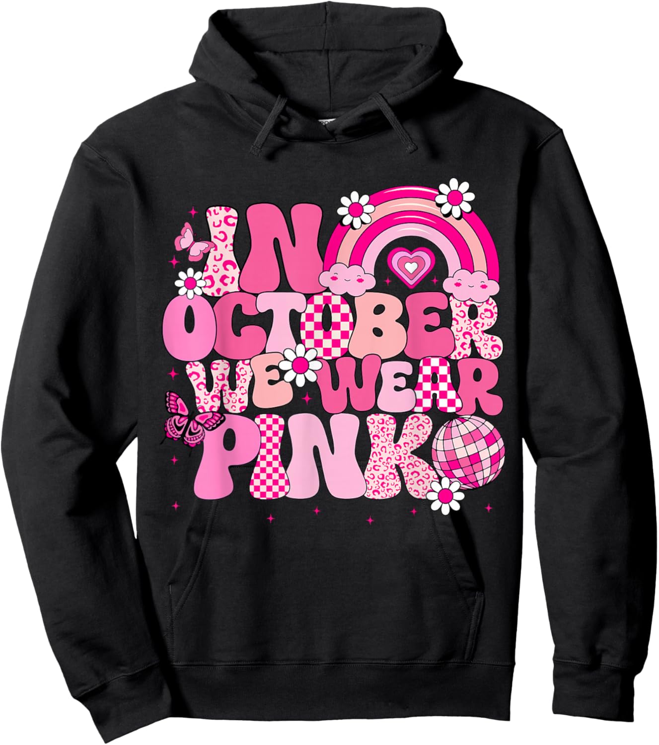 Groovy Breast Cancer Awareness In October We Wear Pink Kids Hoodie - Hoodie | Black