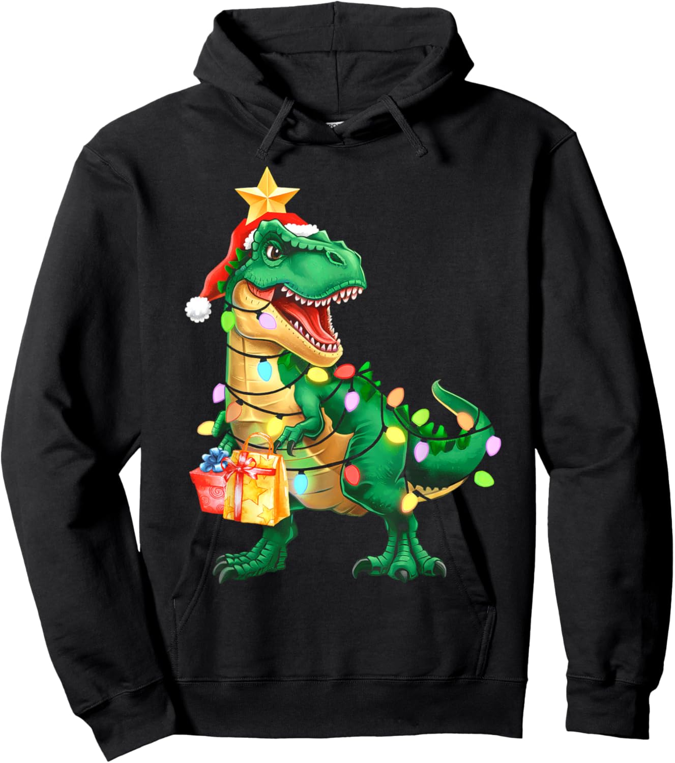 Christmas Shirts For Kids Xmas Tree Lights Dinosaur Boys Hoodie - Hoodie | Black