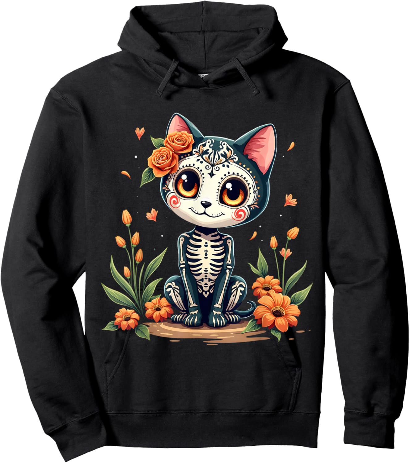Colorful Sugar Skull Cat Mexican Halloween Hoodie - Hoodie | Black