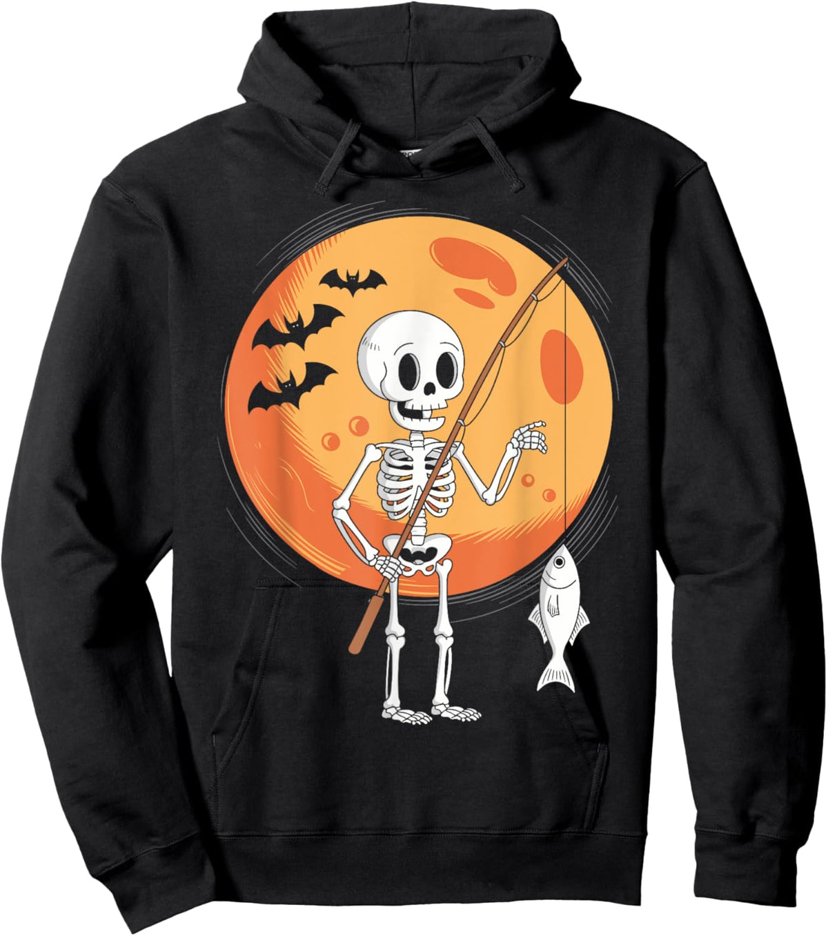 Funny Skeleton Fishing Lovers Moon Spooky Halloween Boys Hoodie - Hoodie | Black