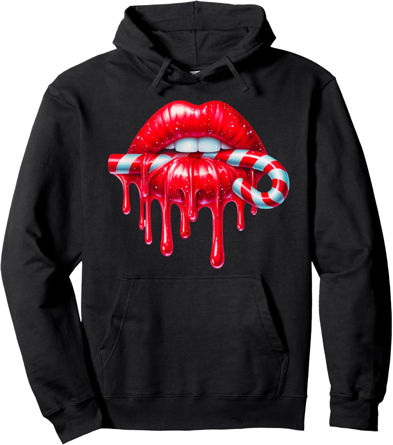 Sexy Lips Red Lipstick Kiss Dripping Candy Cane Christmas Hoodie - Hoodie | Black