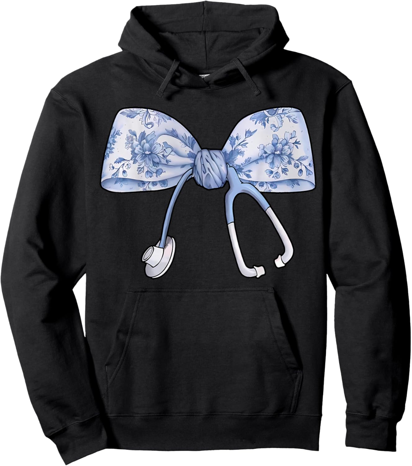 Floral Cute Blue Coquette Bow Stethoscope Registered Nurse Hoodie - Hoodie | Black