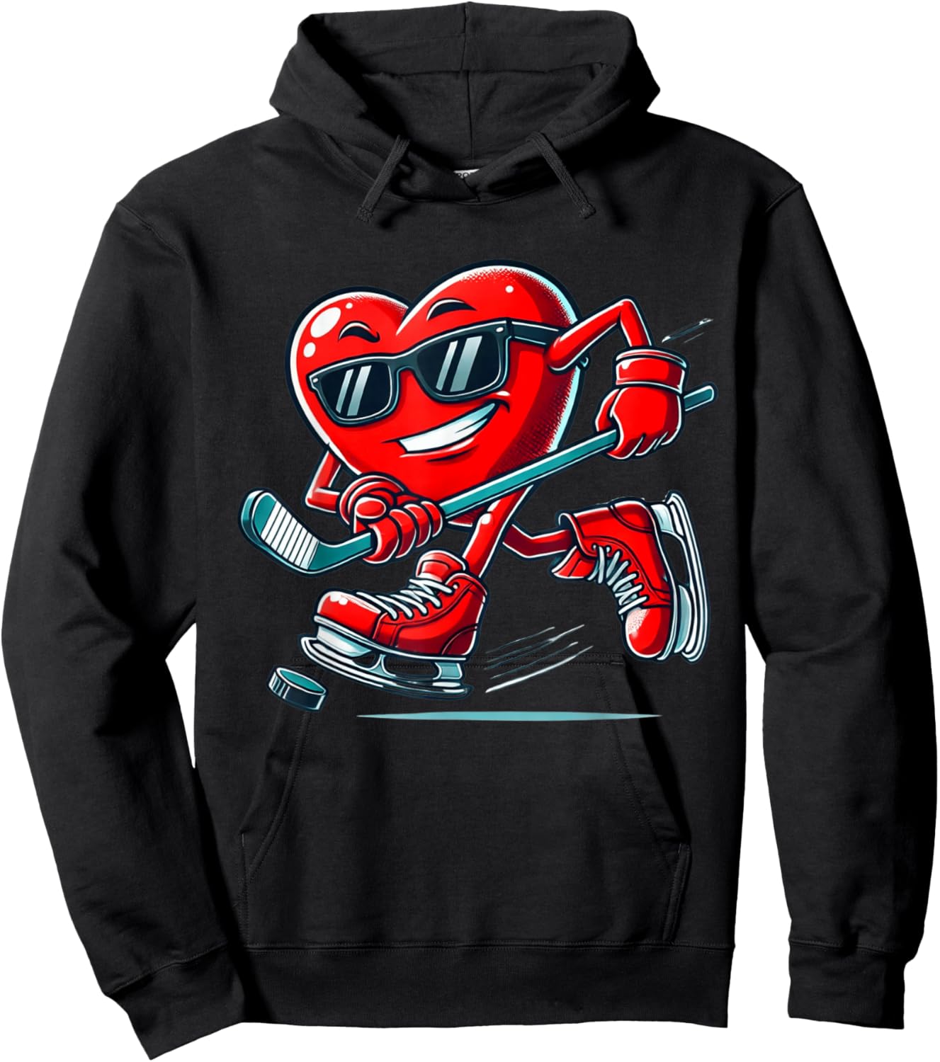 Valentines Day Ice Hockey Funny Red Heart Love Boys Kids Hoodie - Hoodie | Black