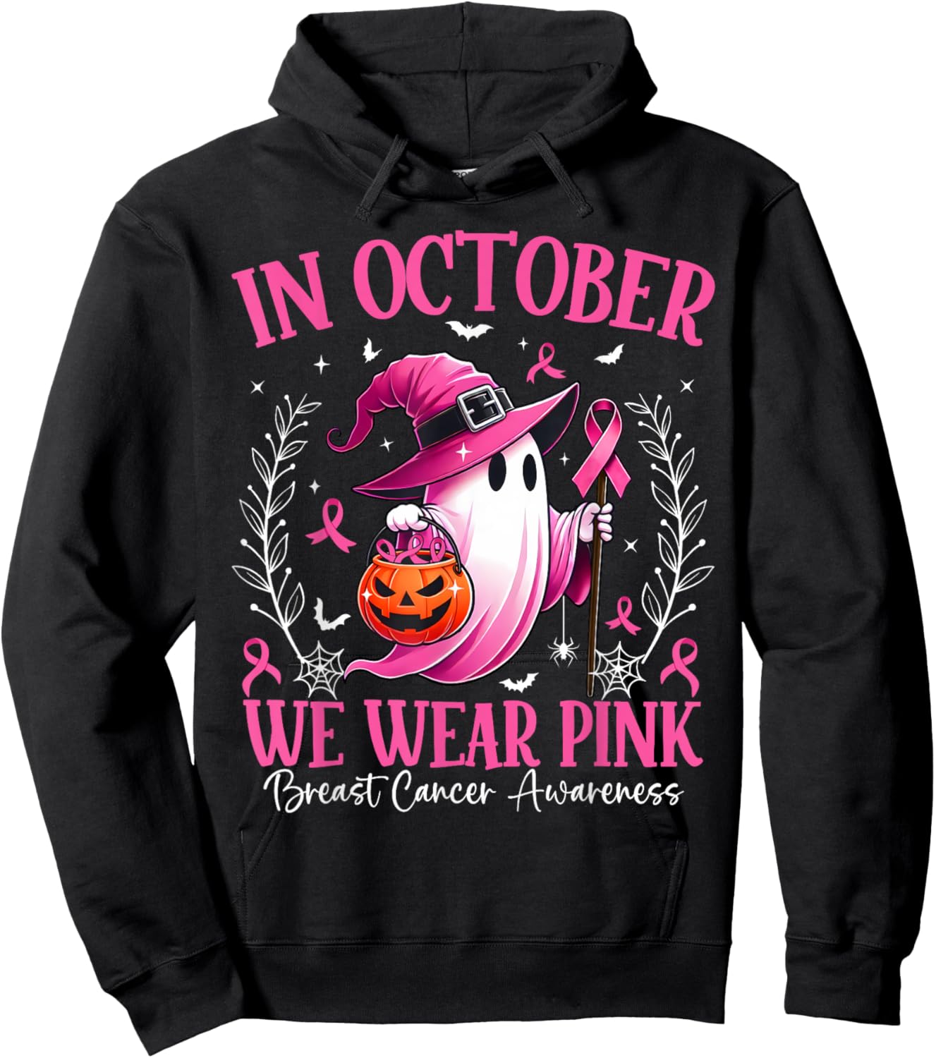 In October We Wear Pink Breast Cancer Awareness Halloween Hoodie - Hoodie | Black