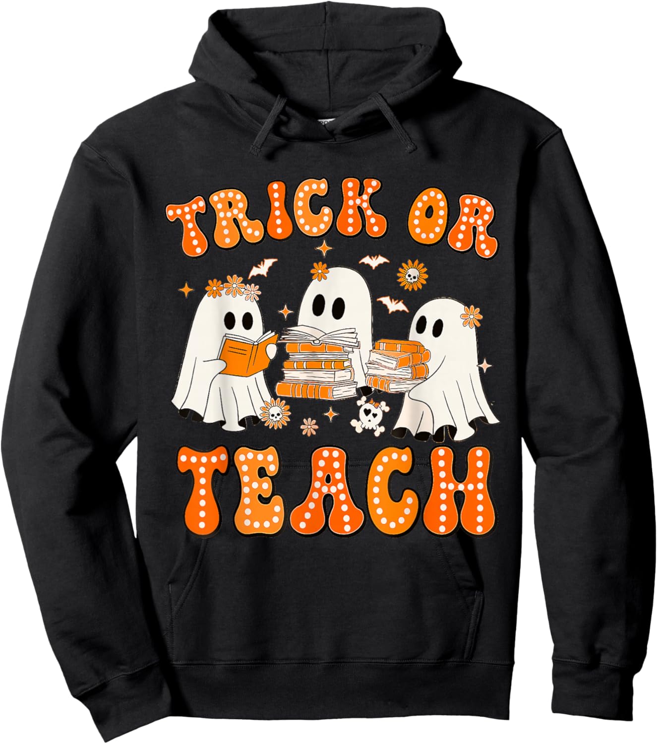 Teacher Halloween Trick or Teach Retro Groovy Floral Ghost Hoodie - Hoodie | Black