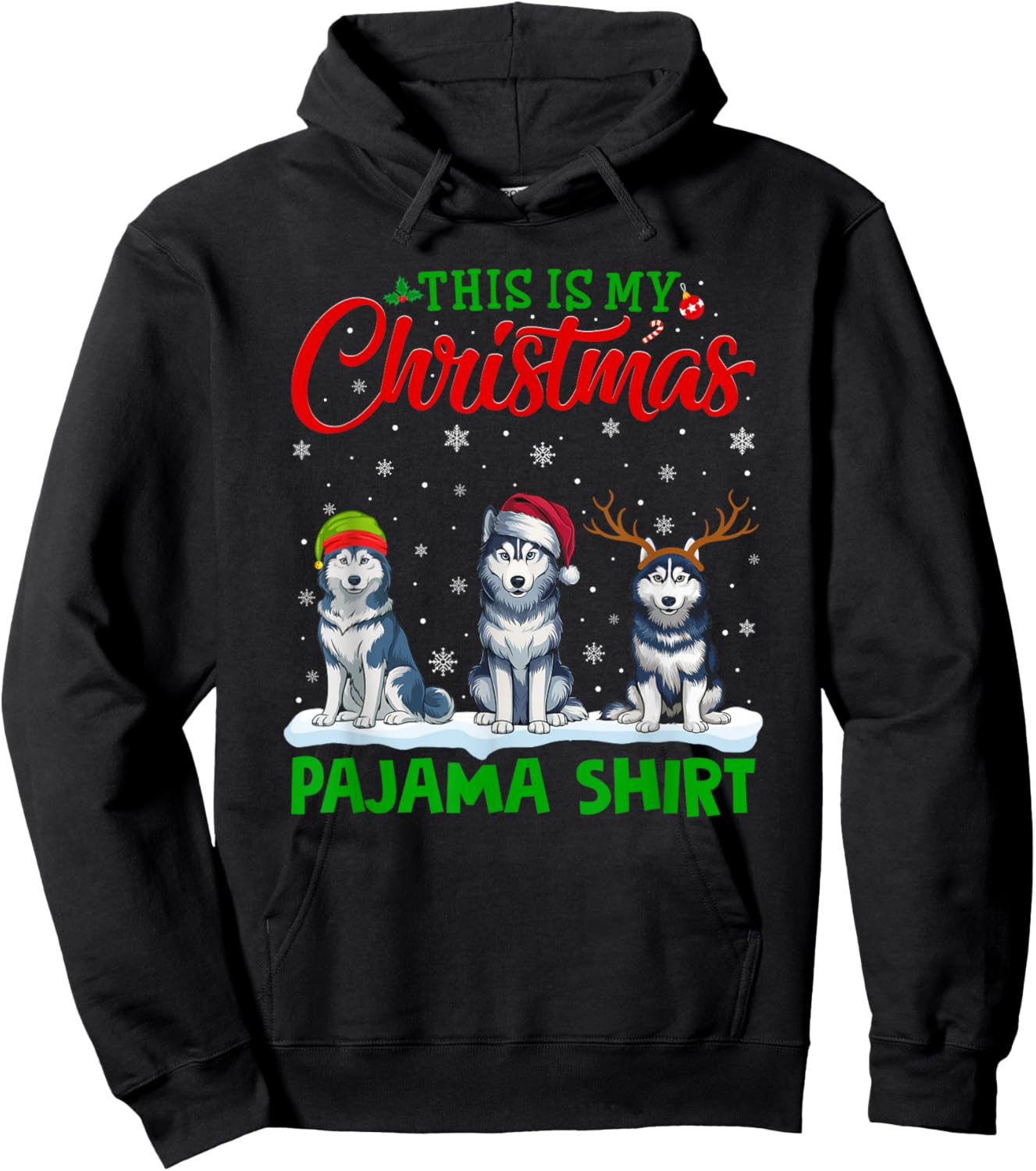 Xmas Santa Hat Reindeer Siberian Husky Dog Christmas Pajama Hoodie - Hoodie | Black