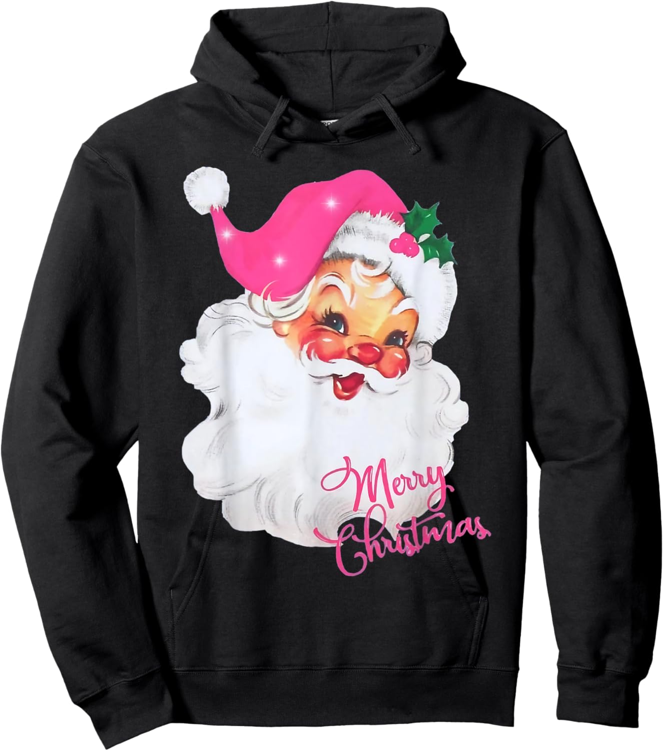Vintage Pink Santa Claus Merry Christmas Pajamas Xmas Women Hoodie - Hoodie | Black