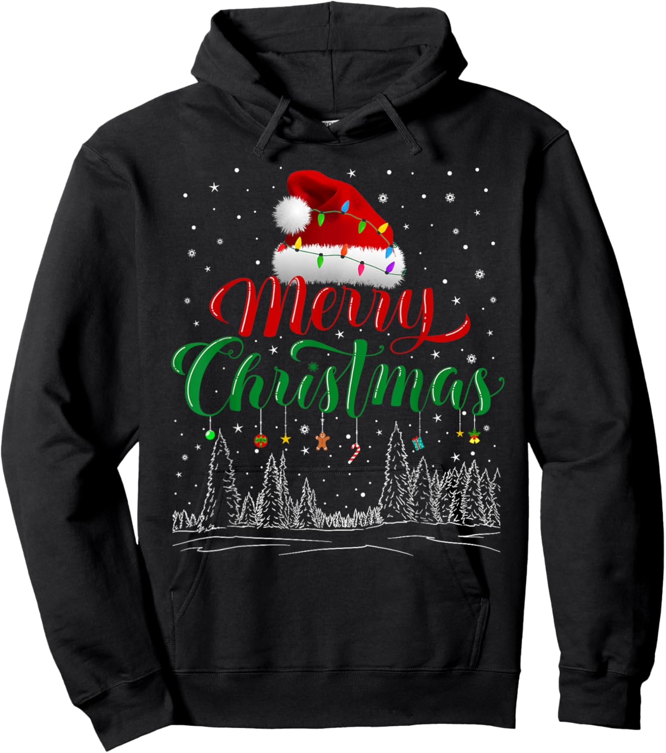 Merry Christmas Lights Red Santa Hat Xmas Family Men Women Hoodie - Hoodie | Black