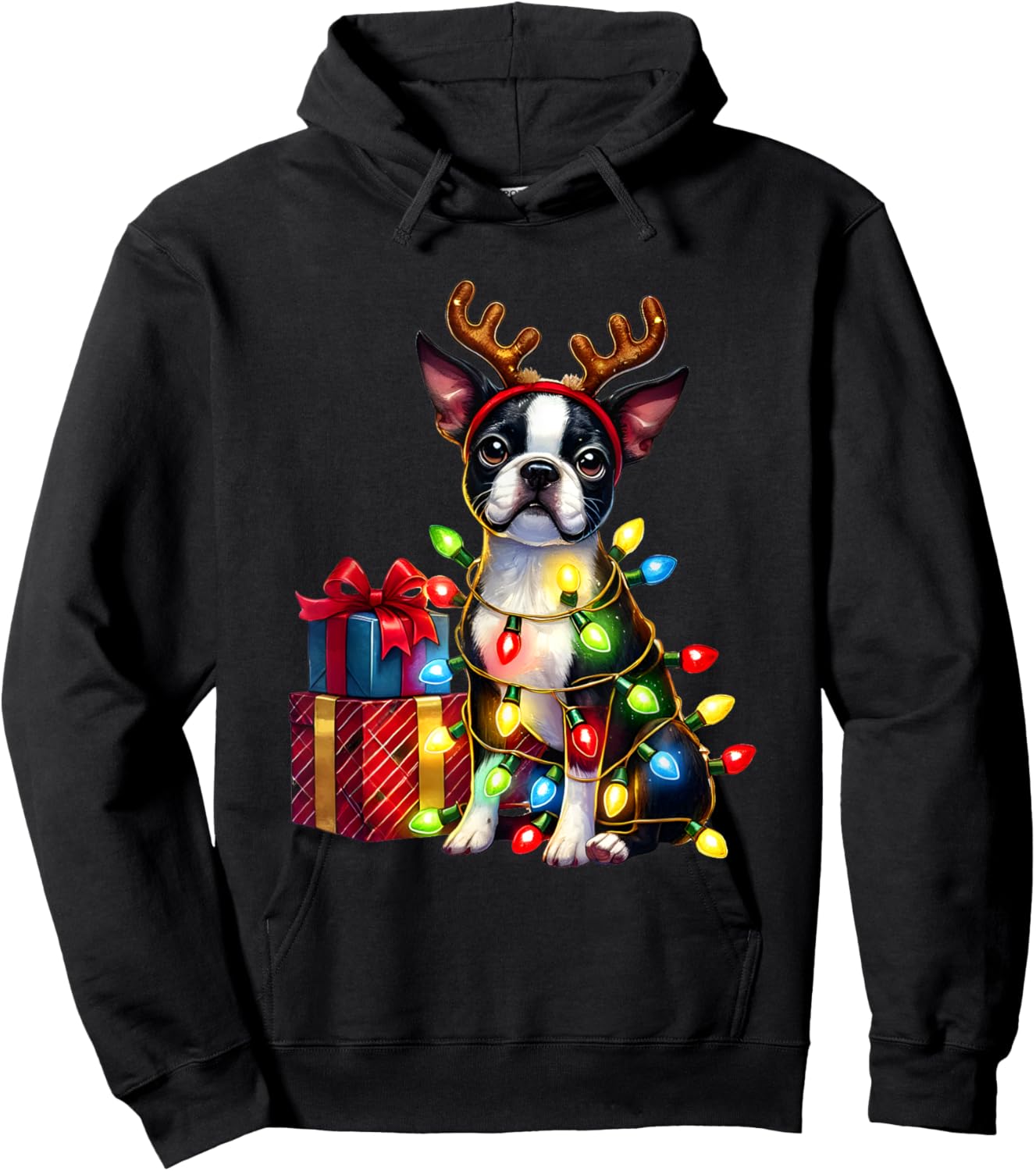 Pet Animal Boston Terrier Dog Reindeer Antlers Christmas Women Kids Hoodie - Hoodie | Black