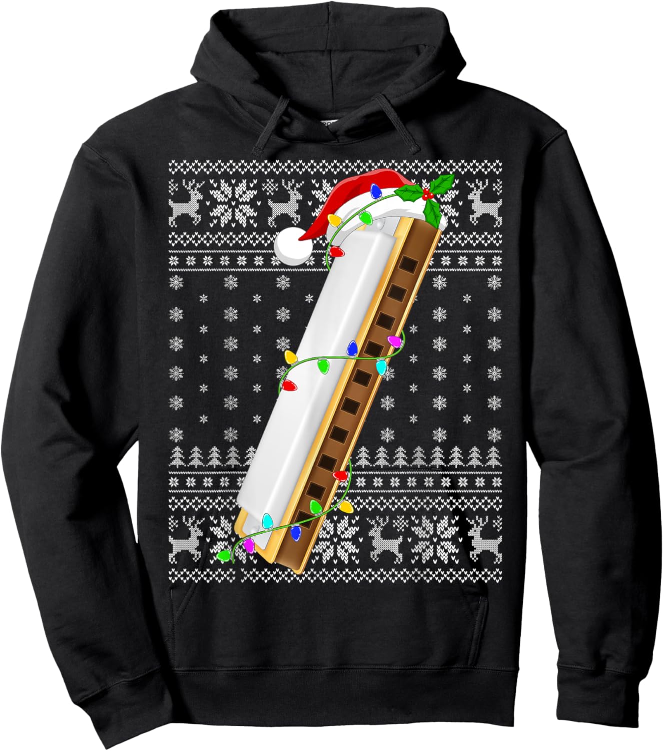 Ugly Sweater Xmas Lights Santa Musical Harmonica Christmas Hoodie - Hoodie | Black