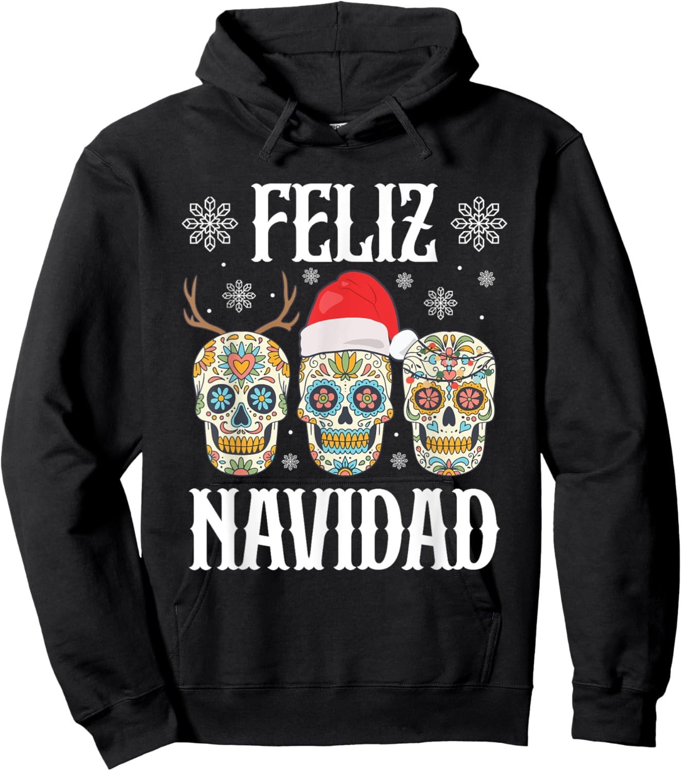 Feliz Navidad Skeletons Reindeer Santa Mexican Christmas Hoodie - Hoodie | Black