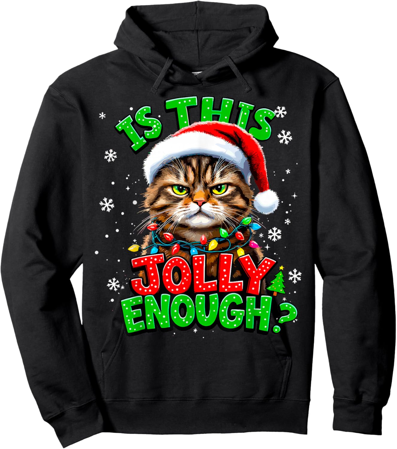 Is This Jolly Enough? Christmas Lights Santa Cat Xmas Party Hoodie - Hoodie | Black