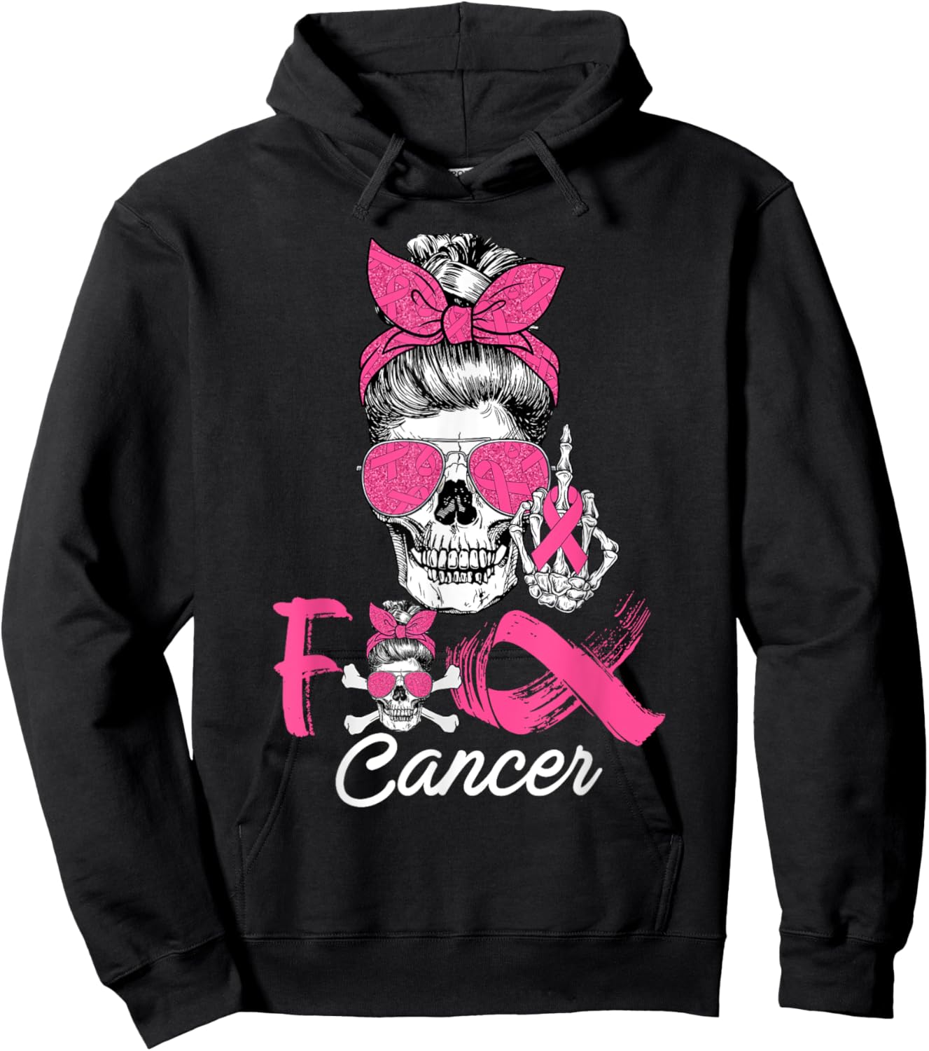 Fuck Cancer Breast Cancer Messy Bun Skeleton Halloween Day Hoodie - Hoodie | Black