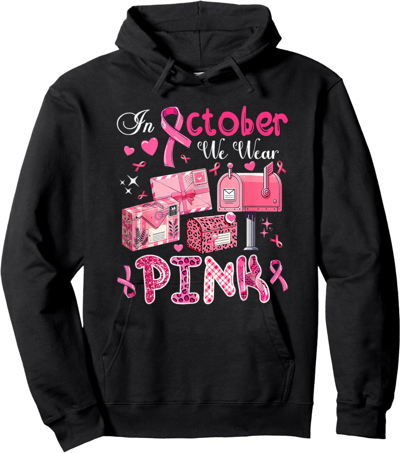 October We Wear Pink Breast Cancer Awareness Postal Worker Hoodie - Hoodie | Black