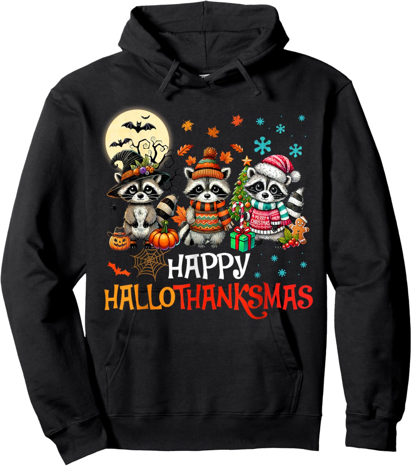 Happy Hallothanksmas Raccoon Lover Halloween Merry Christmas Hoodie - Hoodie | Black