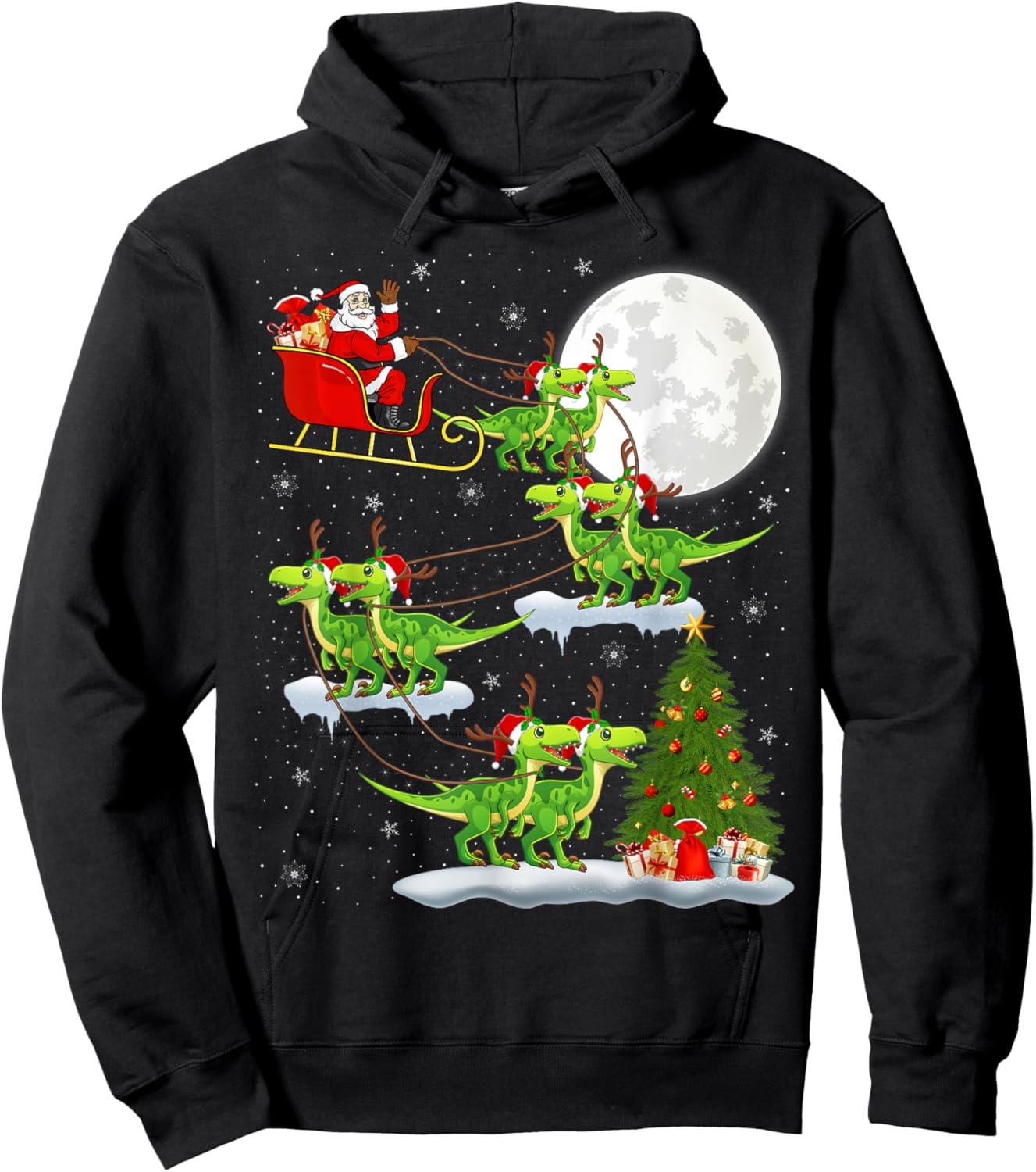 Xmas Lights Santa Riding Velociraptors Dinosaur Christmas Hoodie - Hoodie | Black