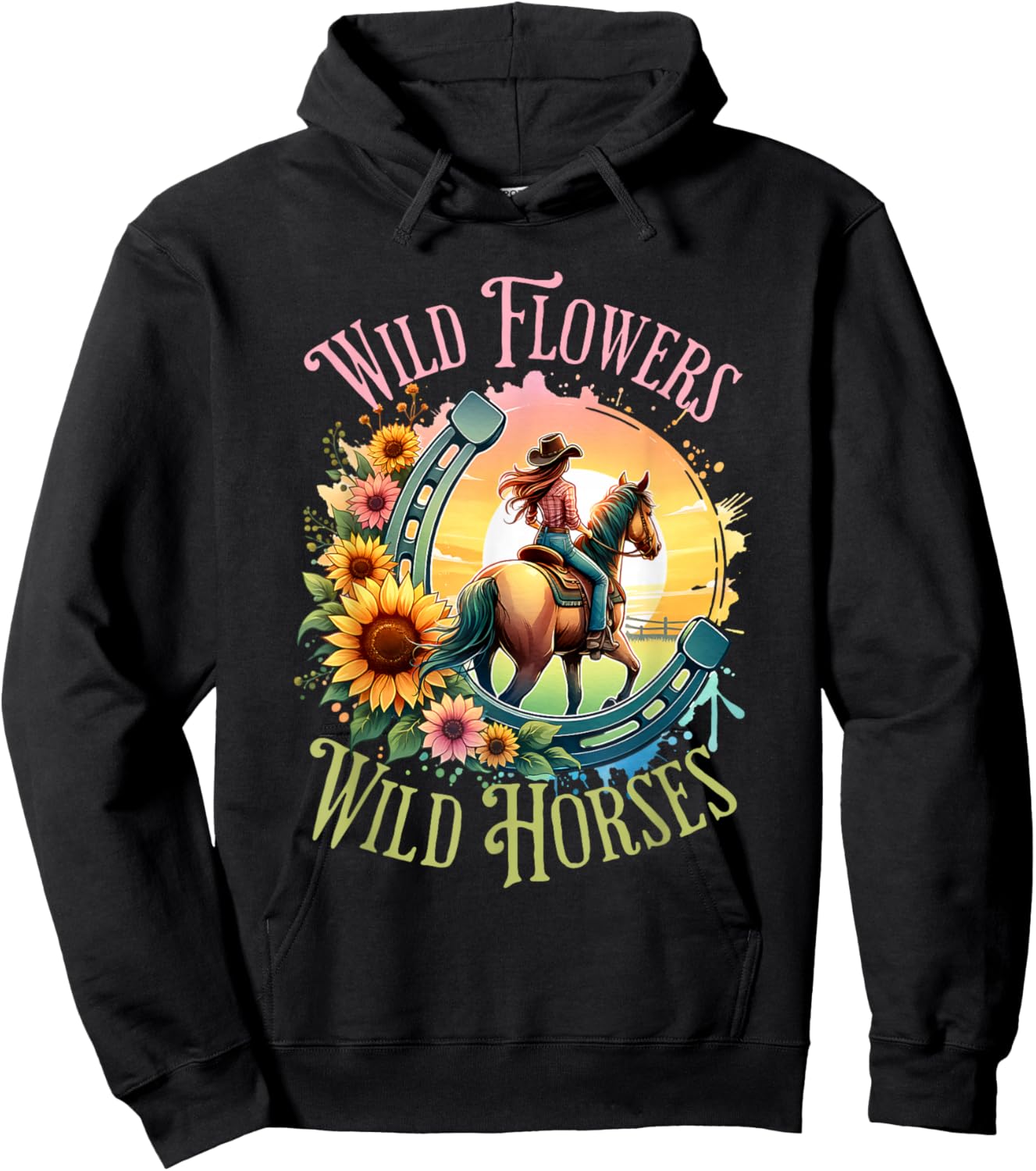 Wild Flowers & Wild Horses Country Sunset Western Cowgirl Hoodie - Hoodie | Black