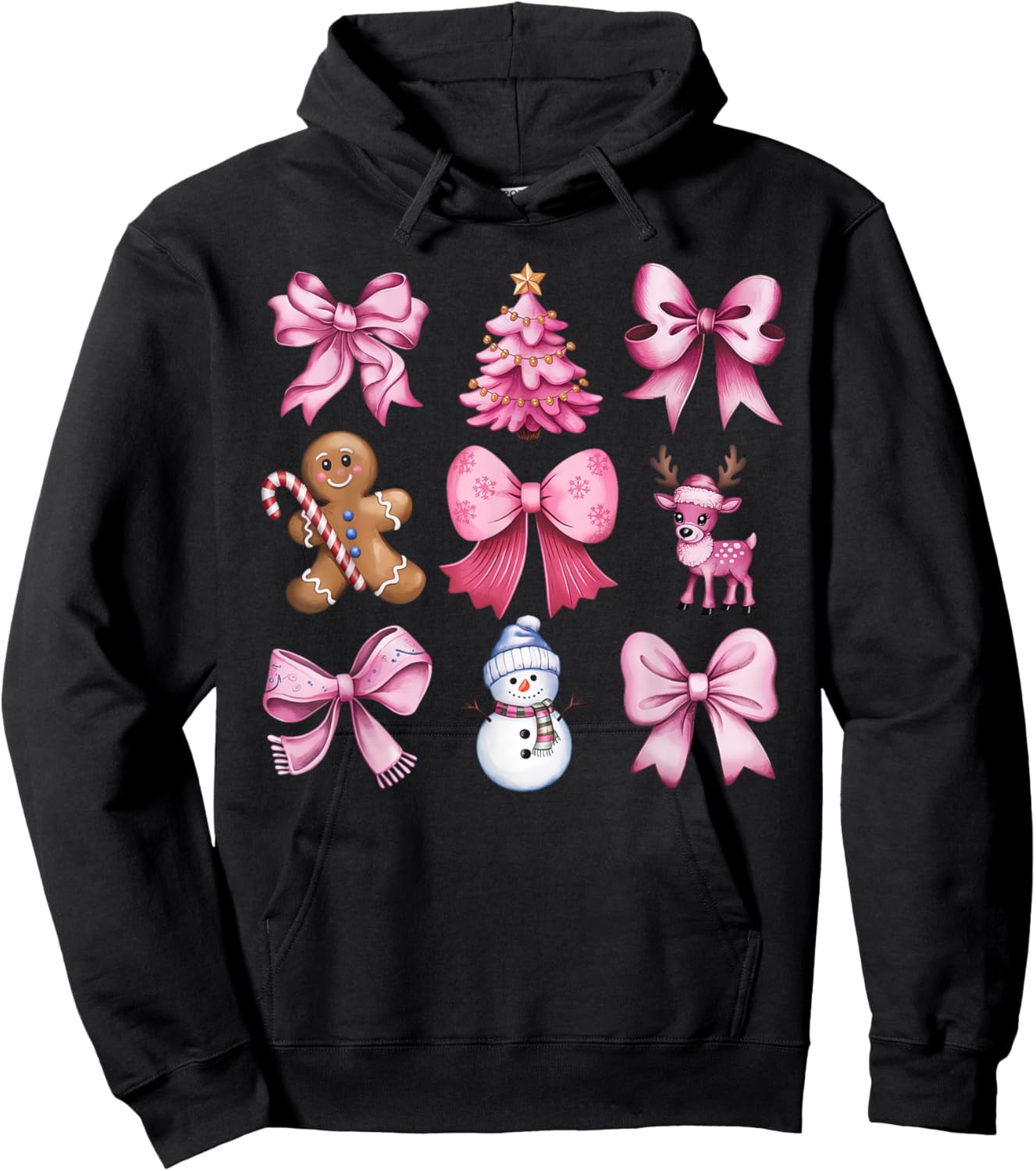 Cute Preppy Pink Christmas Tree Gingerbread Man Snowman Bow Hoodie - Hoodie | Black