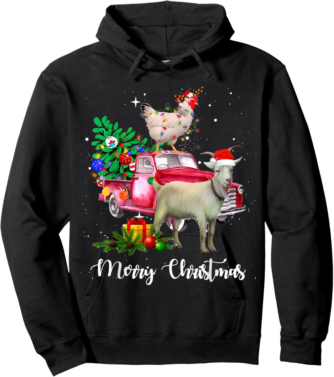 Goat Chicken Christmas Tree Santa Hat Farmer Holiday Costume Hoodie - Hoodie | Black