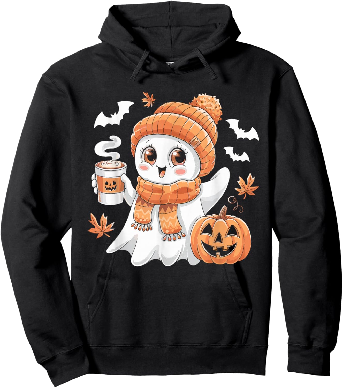 Cute Ghost Drinking Coffee Halloween Ghost Ice Coffee Hoodie - Hoodie | Black