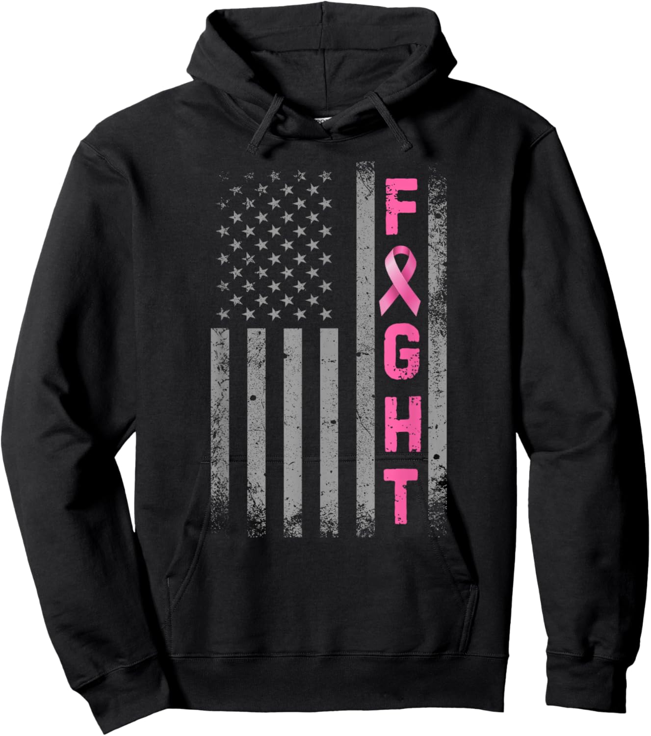 Fight Breast Cancer Awareness Pink Ribbon USA American Flag Hoodie - Hoodie | Black