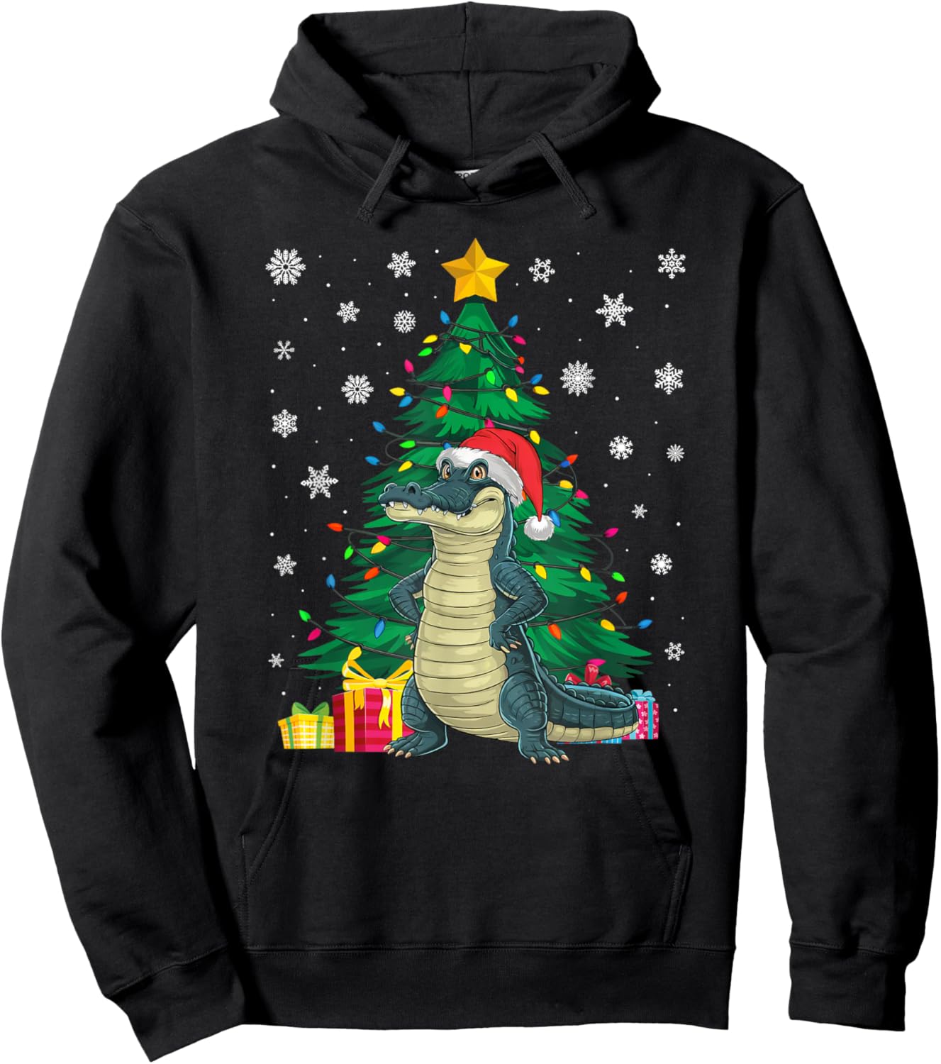 Ugly Sweater Christmas Tree Lights Alligator Santa Hat Xmas Hoodie - Hoodie | Black