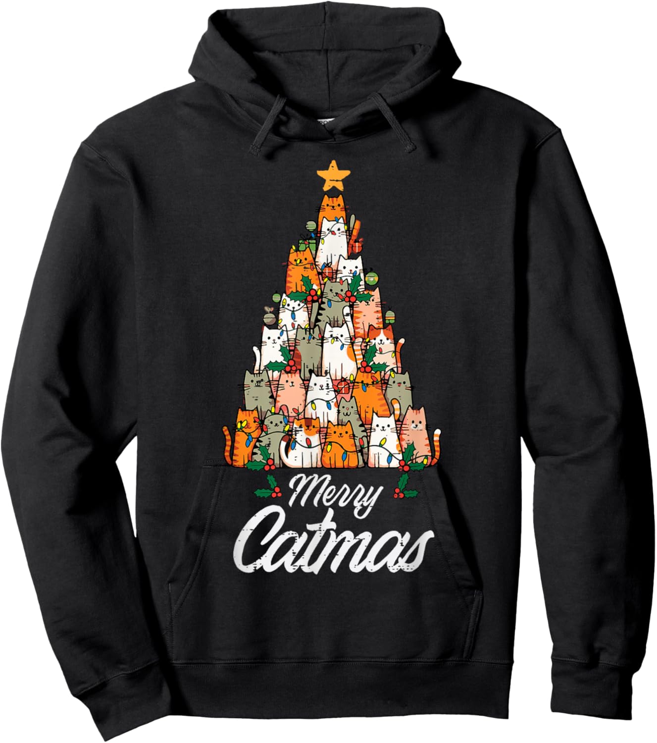 Christmas Tree Cat Merry Catmas Kawaii Xmas Women Girls Kids Hoodie - Hoodie | Black