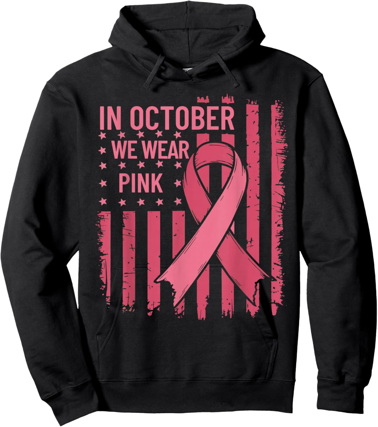 October We Wear Pink Breast Cancer Awareness US Flag Hoodie - Hoodie | Black