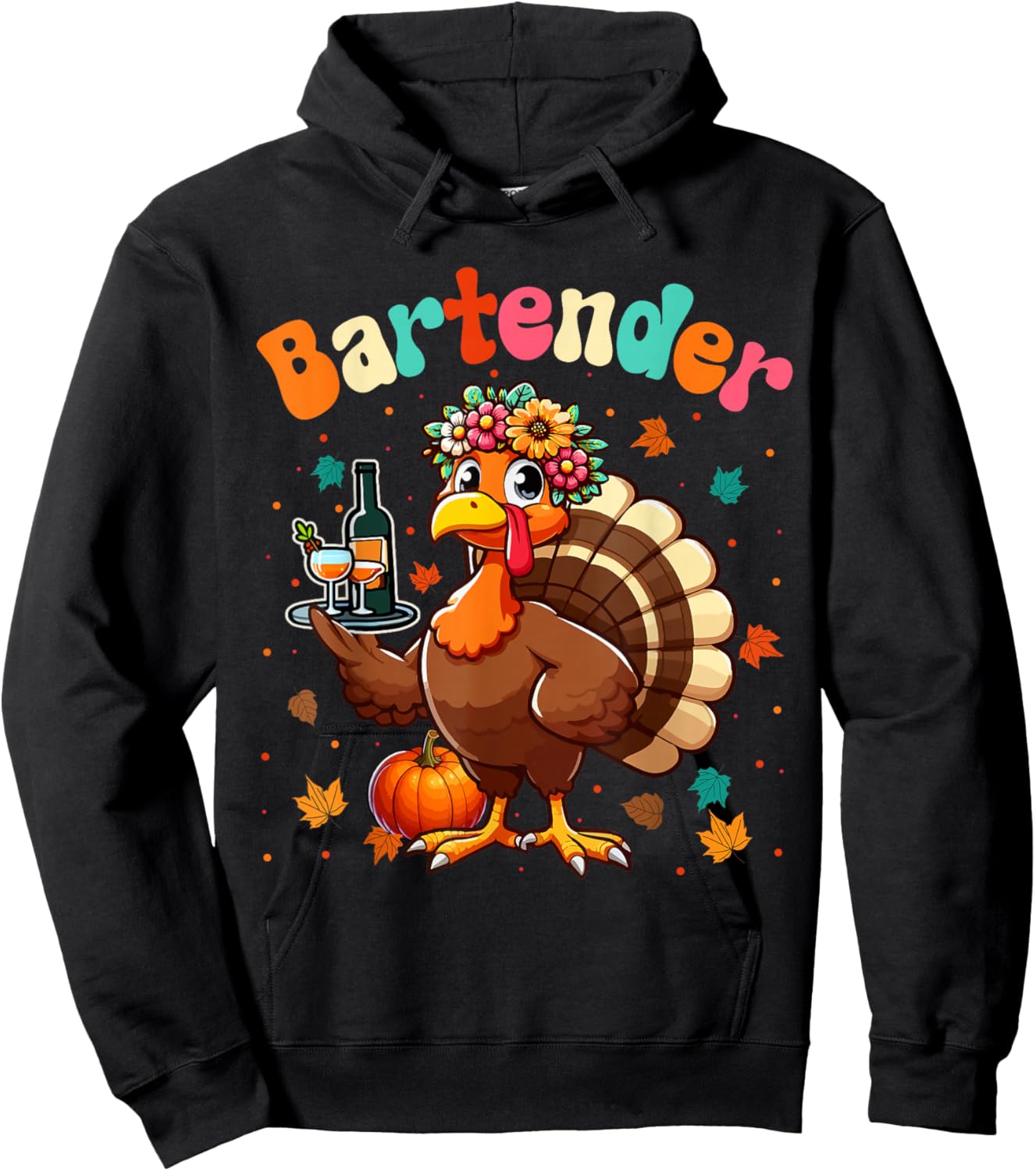Bartender Job Thanksgiving Flowers Turkey Matching Team Hoodie - Hoodie | Black