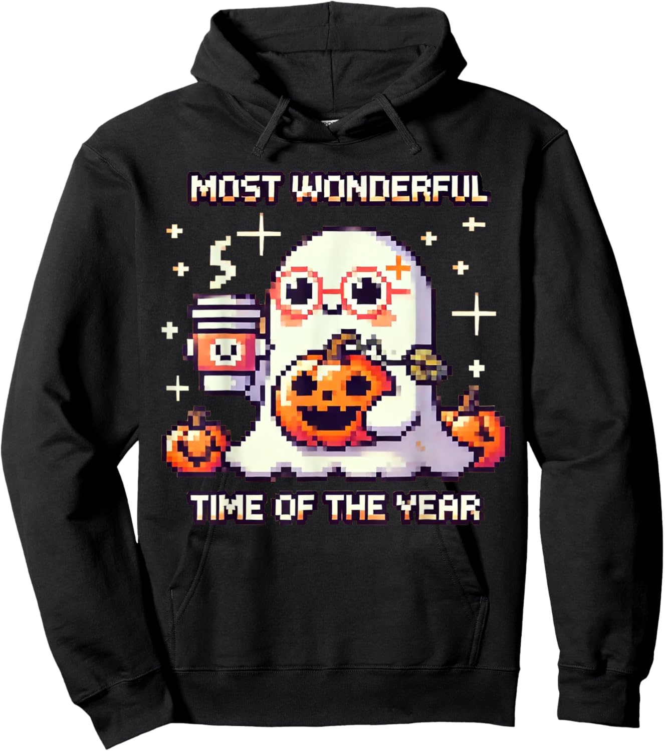 Halloween Pixel Ghost Drinking Coffee Lover Cute Ghost Gamer Hoodie - Hoodie | Black