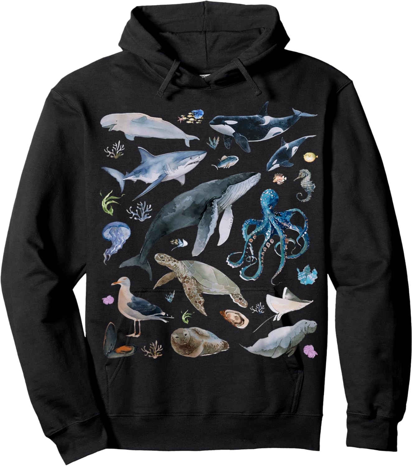 Vintage Ocean Animal Wildlife Shark Turtle Octopus Fish Hoodie - Hoodie | Black