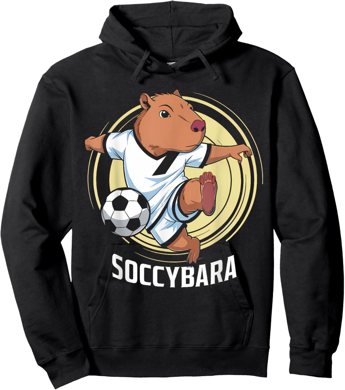 Groovy Soccybara Delight Capybara with Football Soccer Kids Hoodie - Hoodie | Black