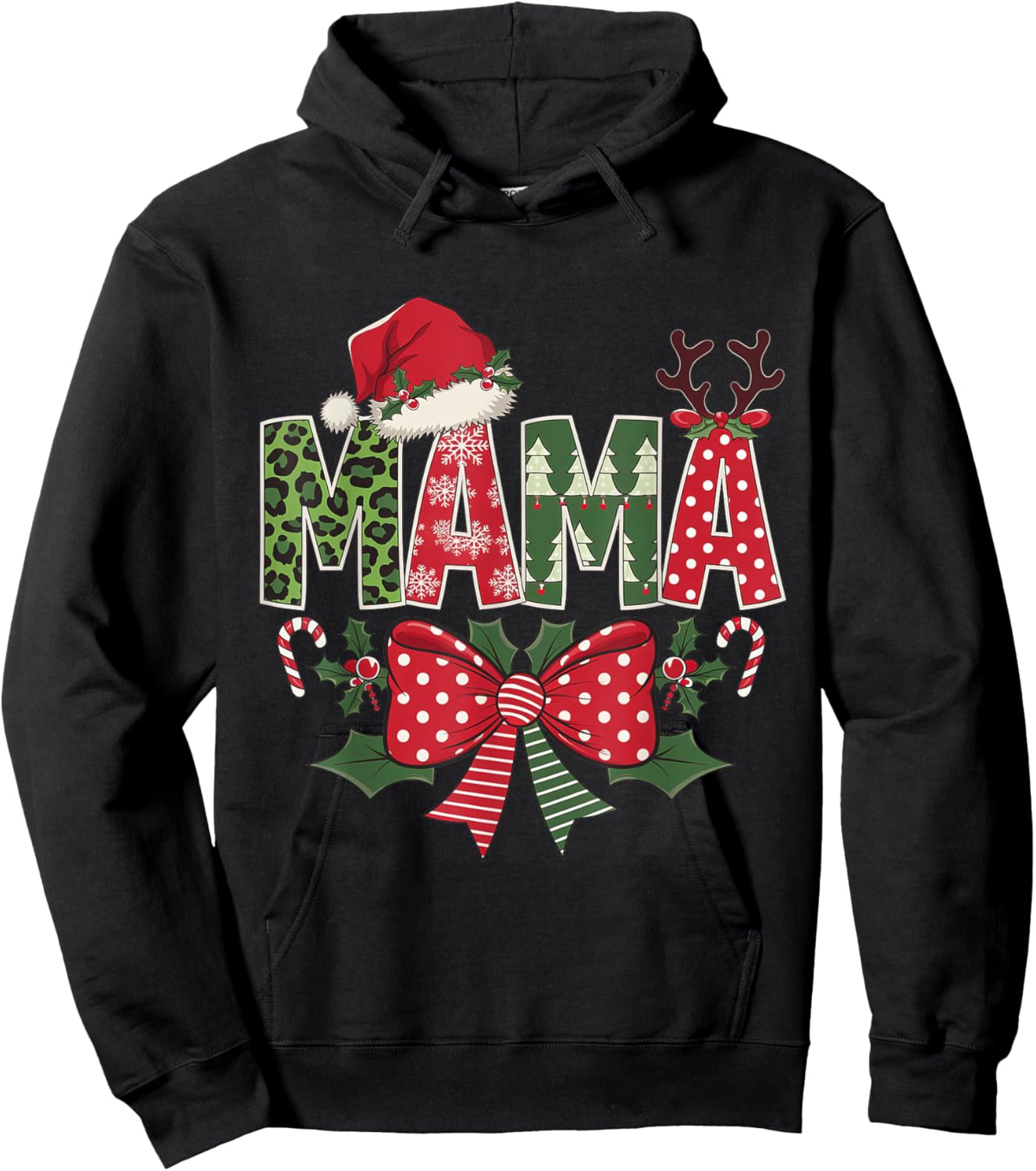Mama Claus Santa Hat Coquette Bow Christmas Pajama Matching Hoodie - Hoodie | Black