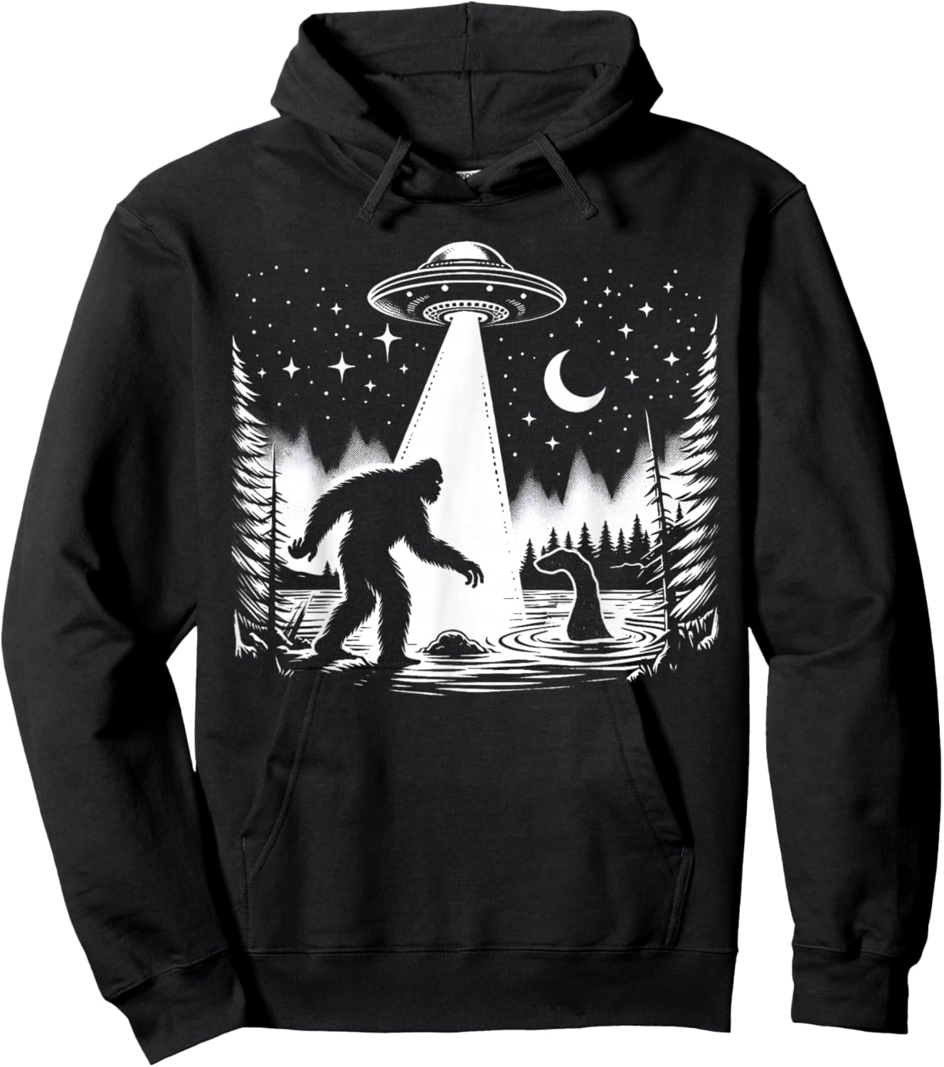 Cryptid Bigfoot, Loch Ness Monster, & UFO Alien Spaceship Hoodie - Hoodie | Black