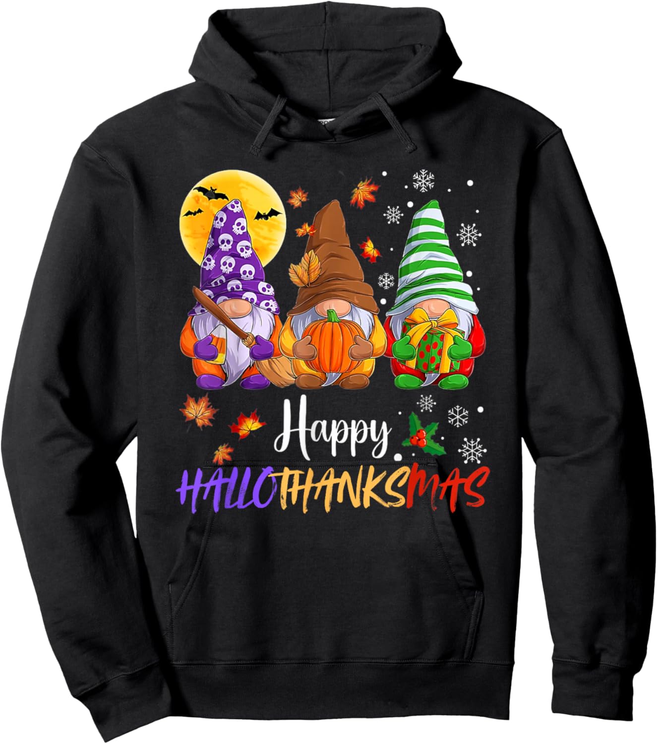 Happy Hallothanksmas Gnomes Lover Halloween Merry Christmas Hoodie - Hoodie | Black