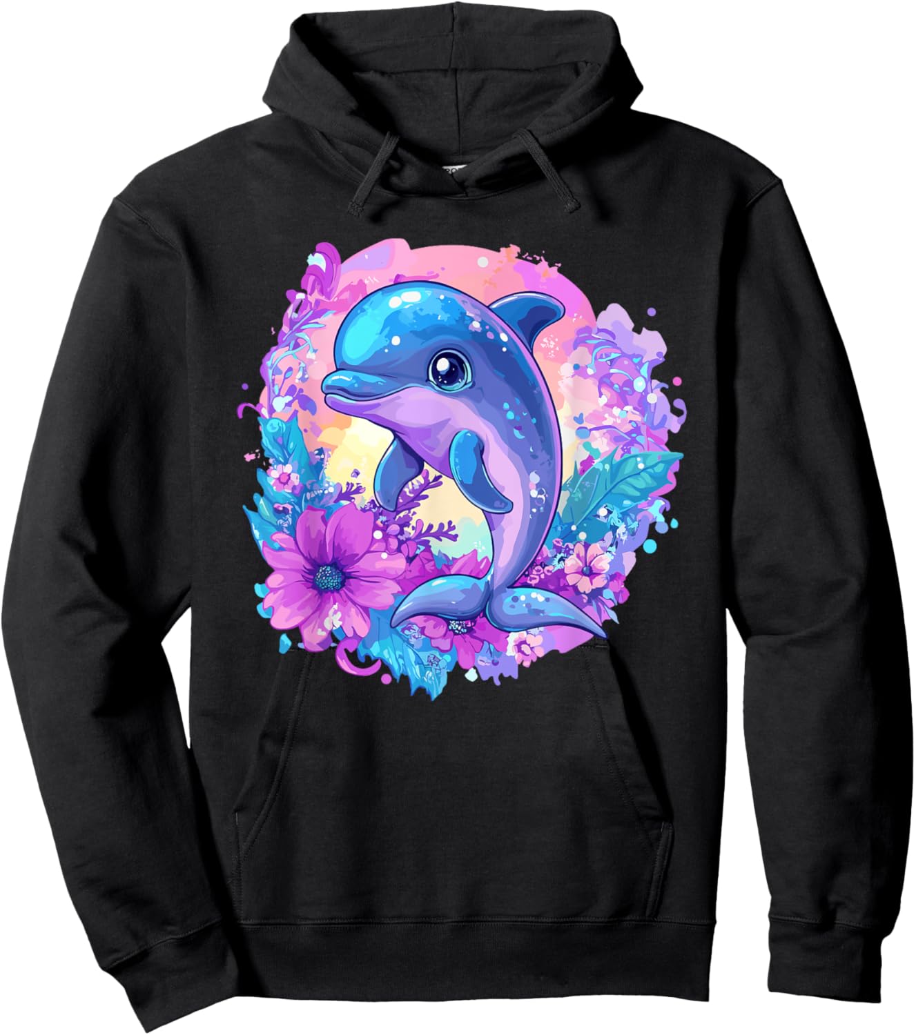 Playful Dolphin Surrounded By Flowers Hoodie - Hoodie | Black