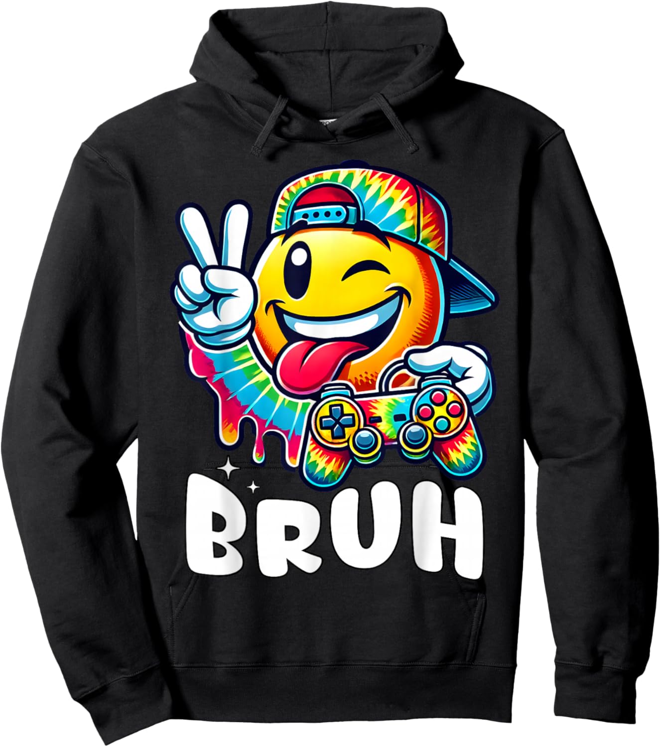 Groovy Tie Dye Gaming Funny Bruh Boys Peace Sign Gamer Kids Hoodie - Hoodie | Black