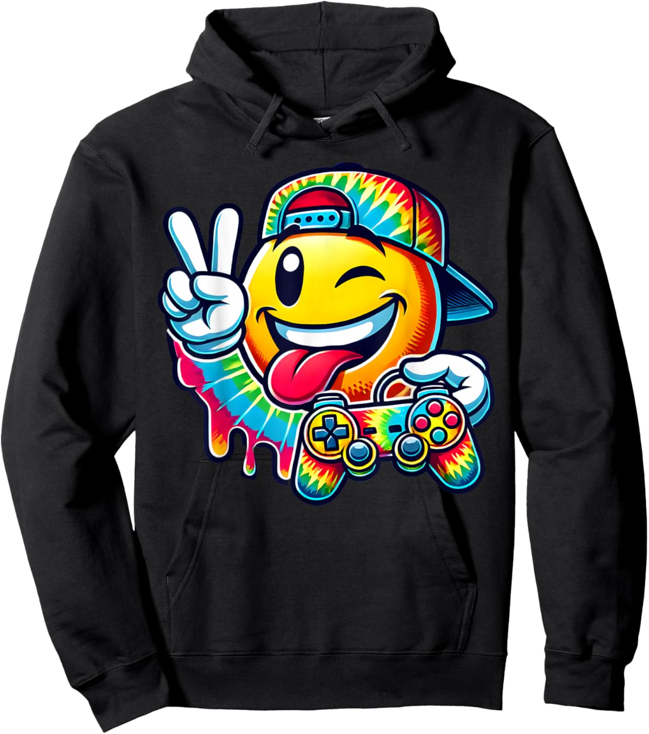 Groovy Tie Dye Gaming Boys 70s Retro Smile Peace Sign Gamer Hoodie - Hoodie | Black