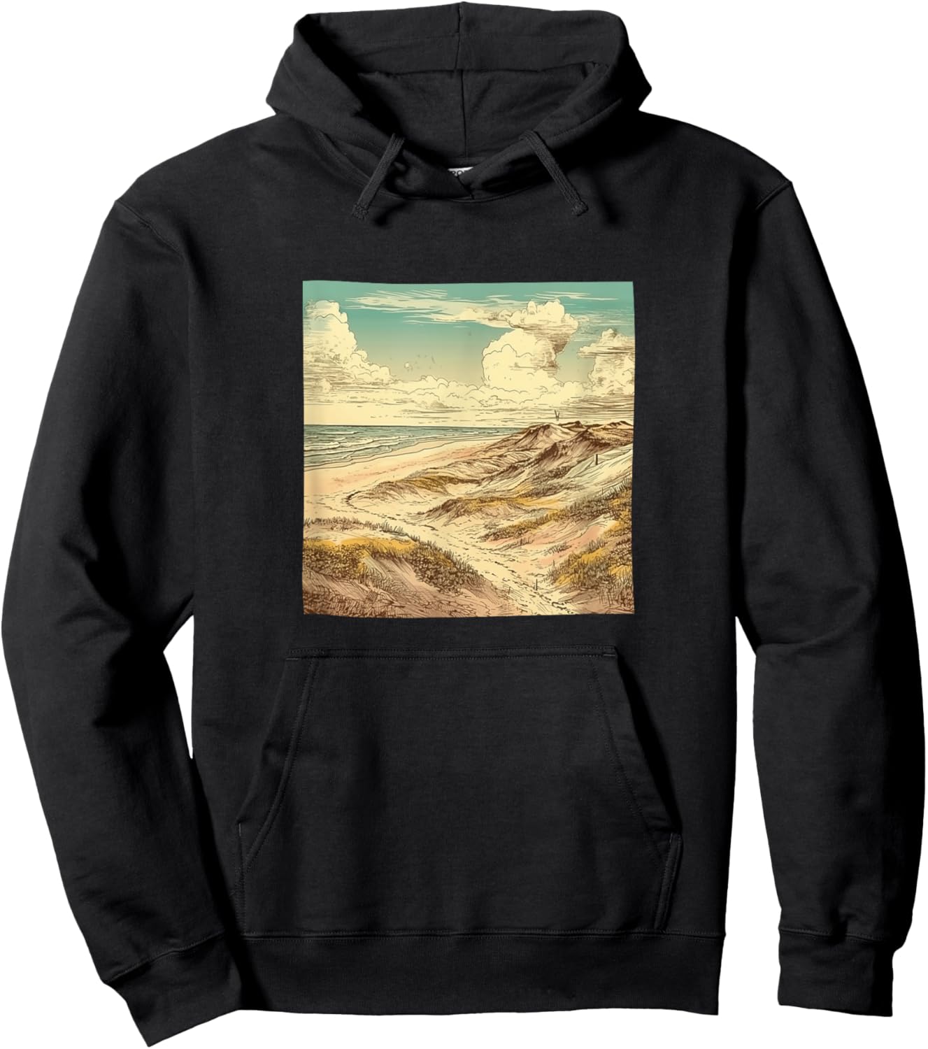 Sandy Beach With Dunes Vintage Landscape Graphic Hoodie - Hoodie | Black