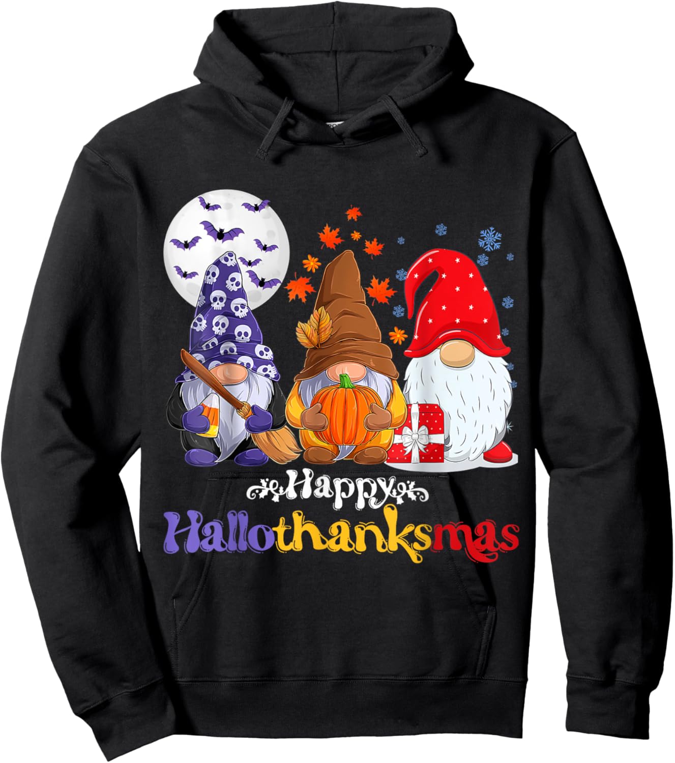 Happy Hallothanksmas Gnomes Lover Halloween Merry Christmas Hoodie - Hoodie | Black