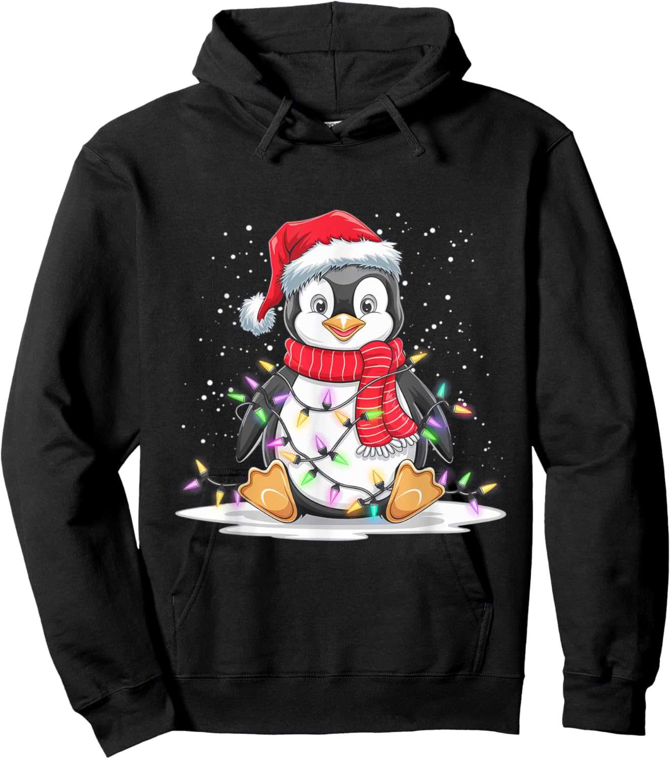 Funny Xmas Matching Santa Hat Penguin Christmas Tree Lights Hoodie - Hoodie | Black