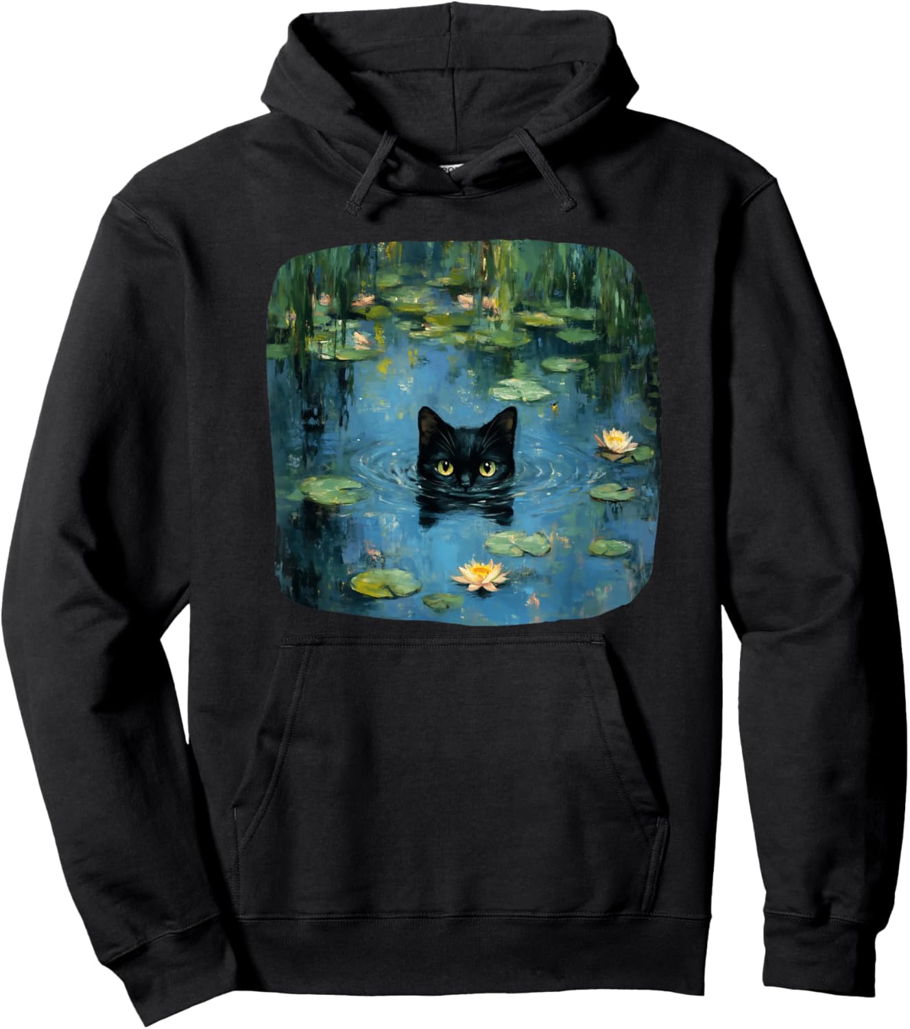 Mystical Black Cat Swimming in Waterlily Pond Art Lover Men Women Kids Hoodie - Hoodie | Black