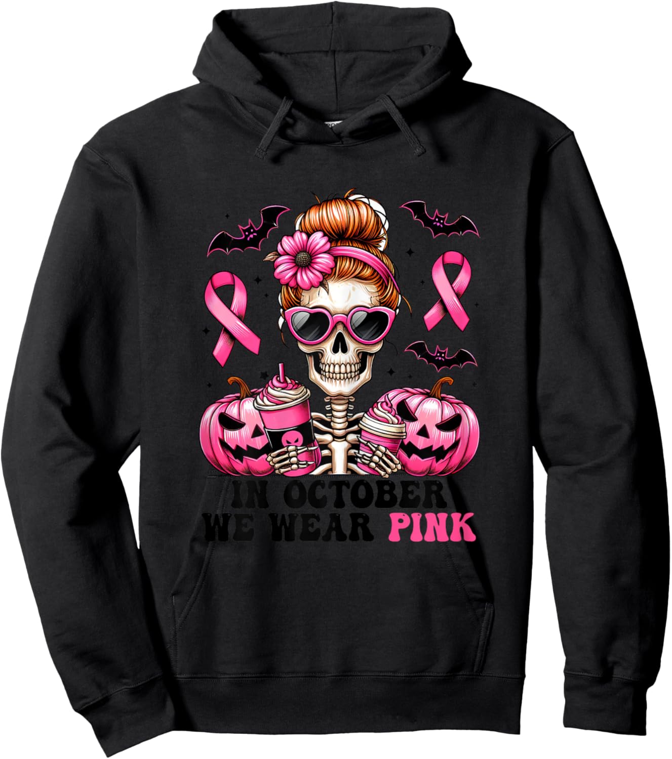In October We Wear Pink Breast Cancer Skeleton Halloween Hoodie - Hoodie | Black