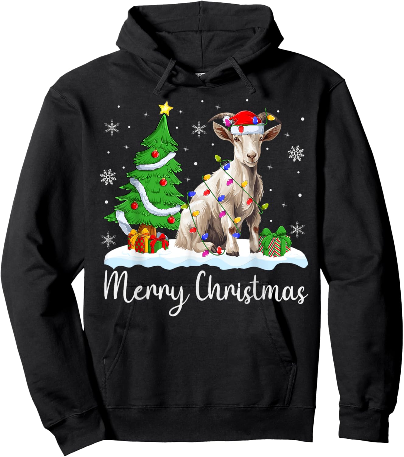Goat Xmas Lighting Santa Hat Goat Merry Christmas Tree Hoodie - Hoodie | Black