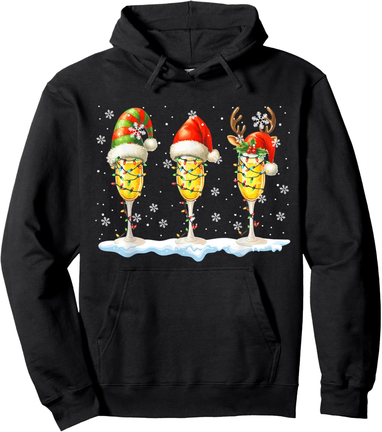 Three Santa Reindeer Elf Glasses Of Champagne Xmas Drunker Hoodie - Hoodie | Black