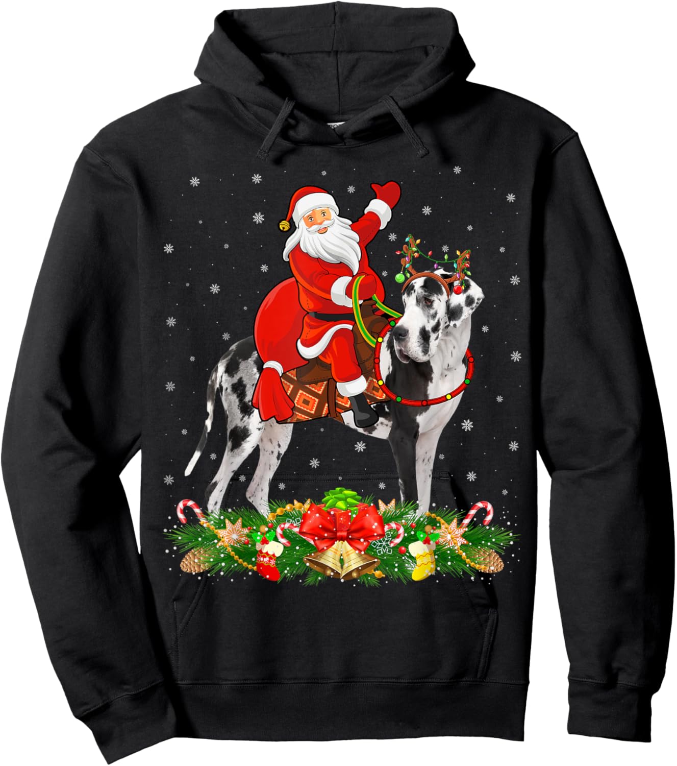 Xmas Decor Funny Santa Riding Great Dane Dog Christmas Men Women Kids Hoodie - Hoodie | Black