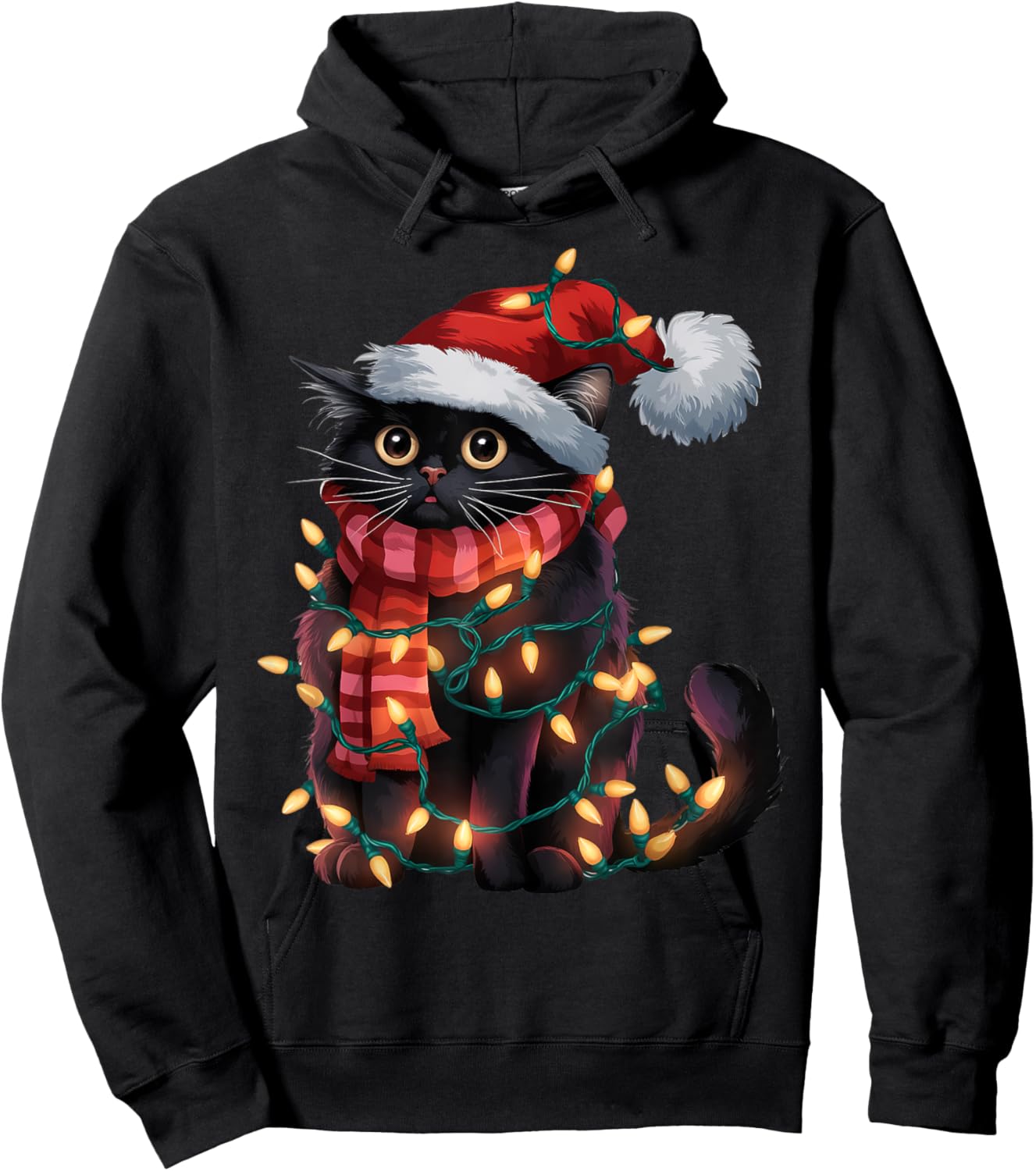 Black Cat Christmas Shirt Santa Hat Xmas Lights Hoodie - Hoodie | Black