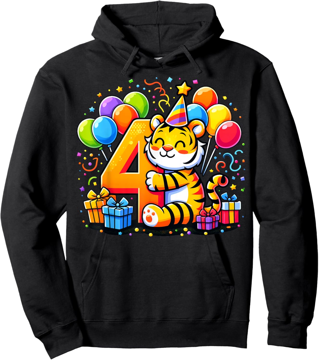Kids Tiger Theme fourth Bday Party 4th Tiger Birthday Hoodie - Hoodie | Black