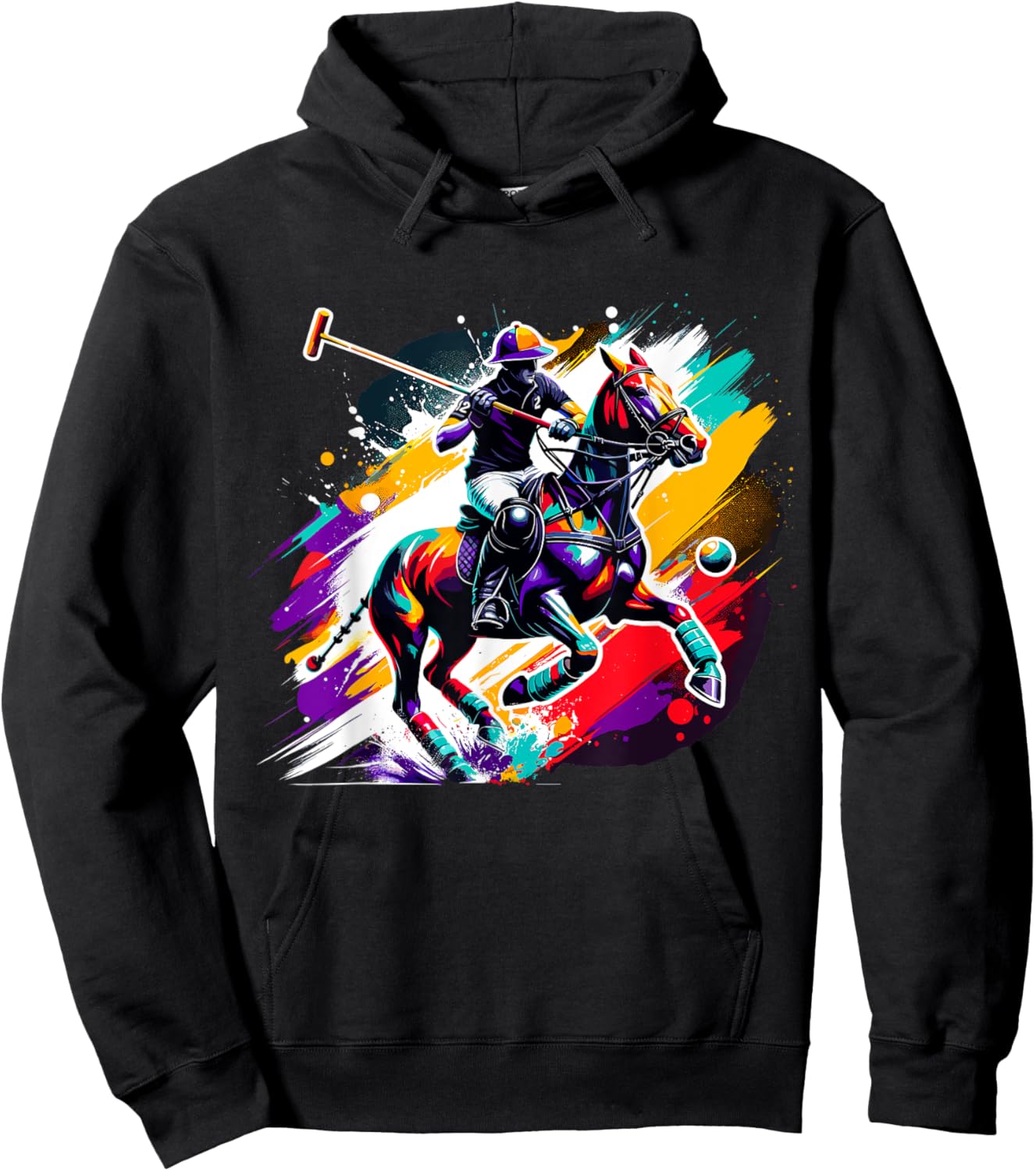Colorful Polo Player on Horse Equestrian Hoodie - Hoodie | Black