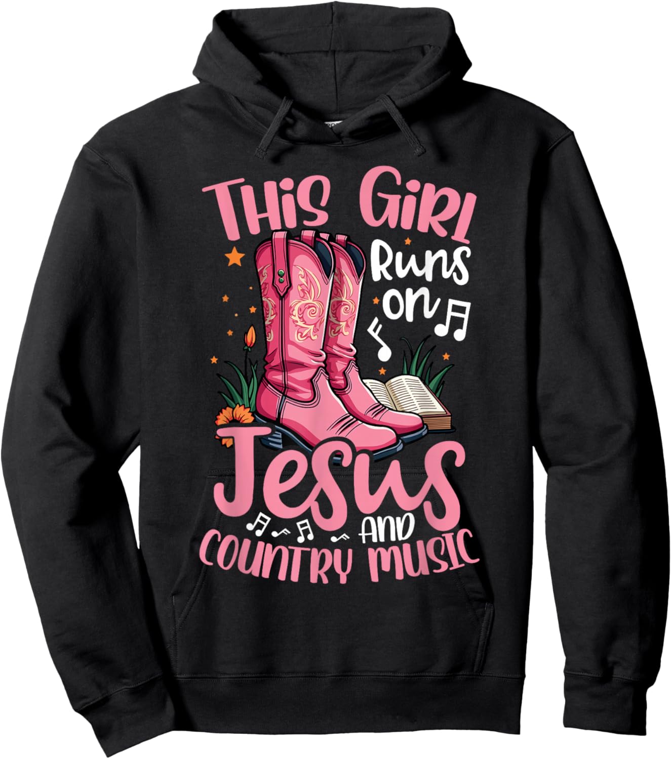 This Girl Runs on Jesus and Country Music Pink Cowboy Boots Hoodie - Hoodie | Black